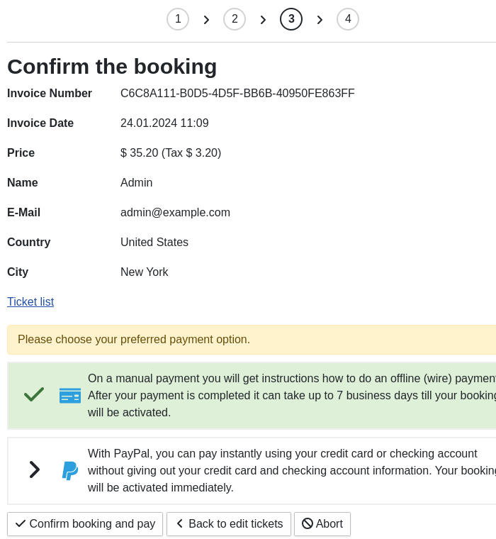 Booking step confirmation