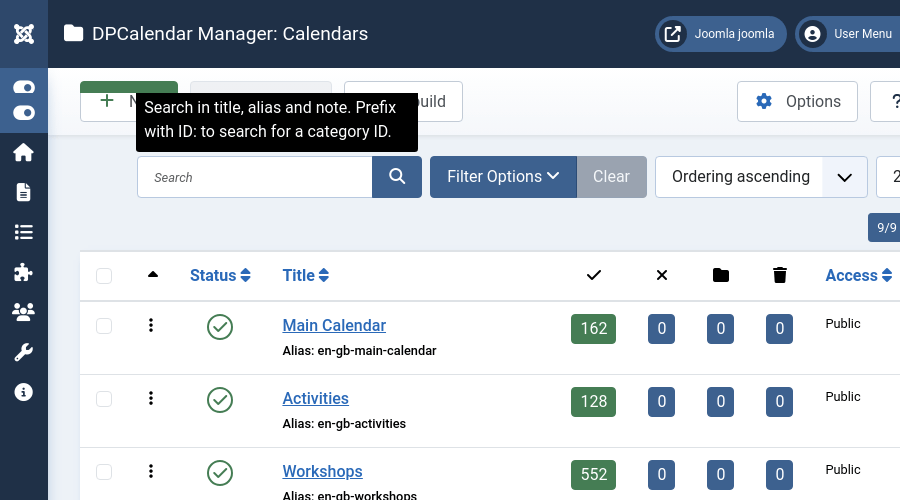 Calendars list