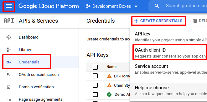 Google select API credentials